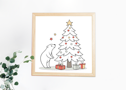 Cadre moderne avec ours rêveur et sapin festif dans un décor minimaliste de Noël