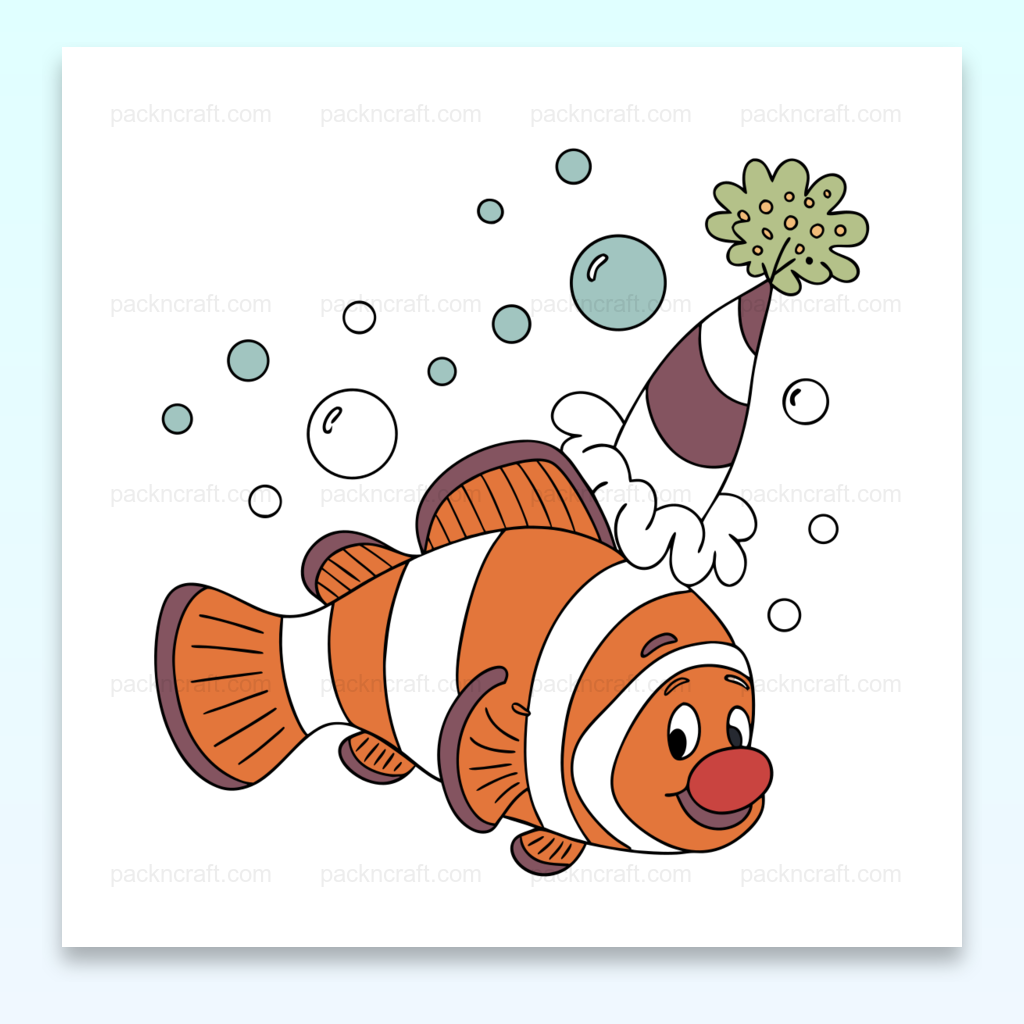 Illustration du poisson clown festif en style cartoon, usage décoratif.