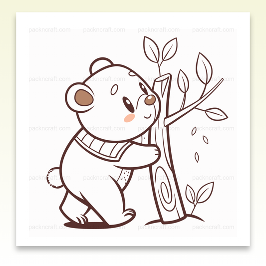 Illustration d'un ourson câlinant un arbre en style pastel, idéale pour projets DIY et décorations.