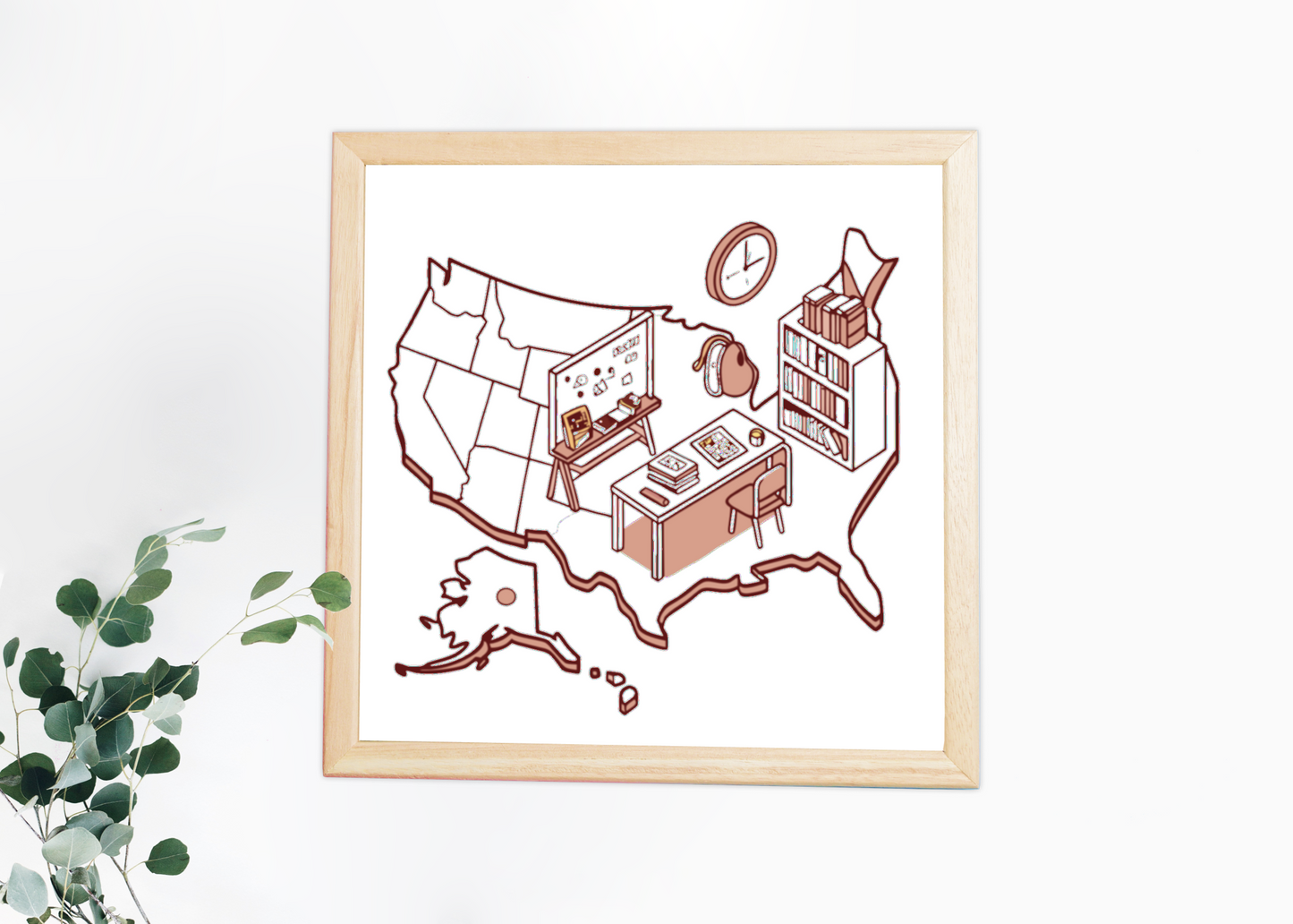 Cadre moderne affichant une carte des USA stylisée au design éducatif et créatif