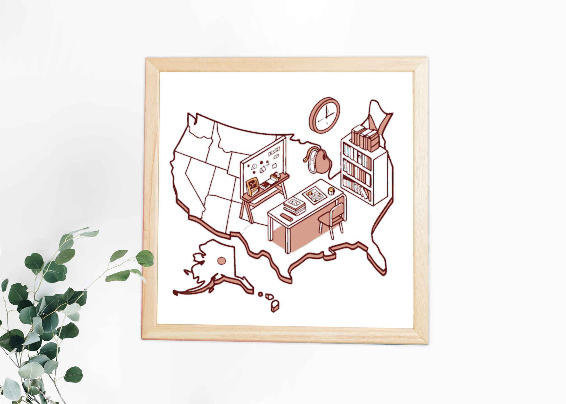 Cadre moderne affichant une carte des USA stylisée au design éducatif et créatif