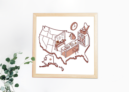 Cadre moderne affichant une carte des USA stylisée au design éducatif et créatif