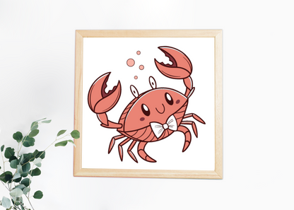 Cadre affichant un crabe kawaii avec nœud papillon dans un style marin amusant