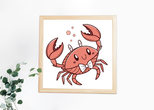 Cadre affichant un crabe kawaii avec nœud papillon dans un style marin amusant