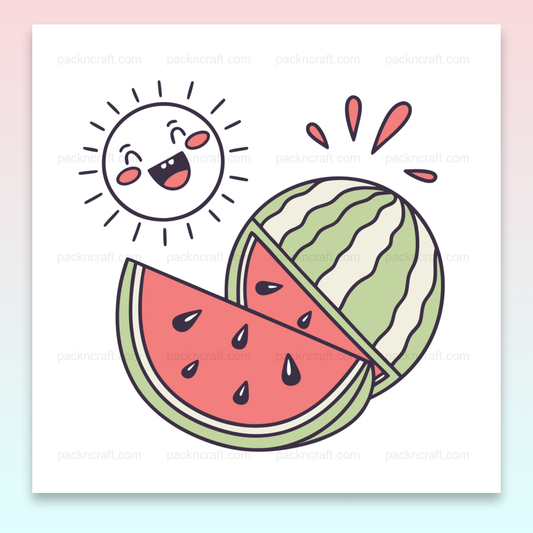 Illustration de soleil joyeux et pastèque, idéale pour projets estivaux et décoratifs.