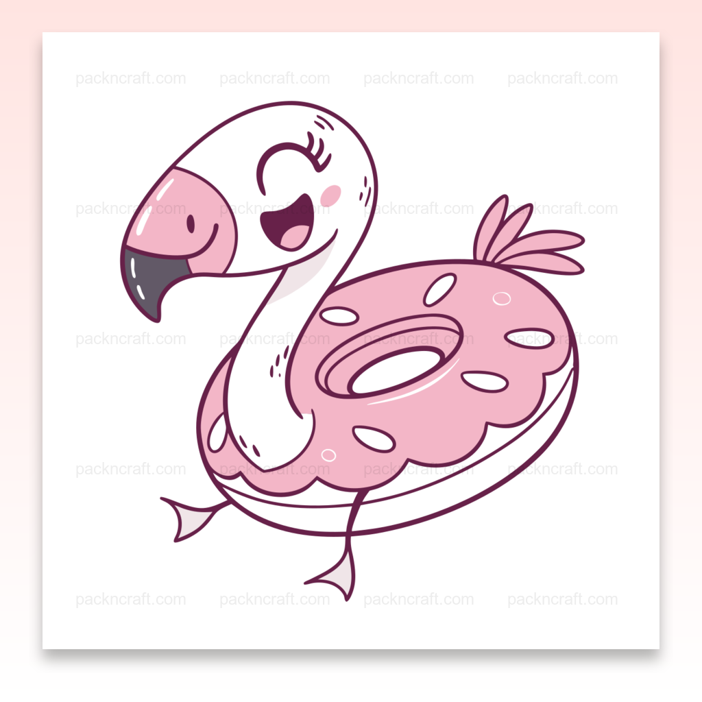 Illustration de flamant rose joyeux style kawaii, parfait pour l'été et déco.