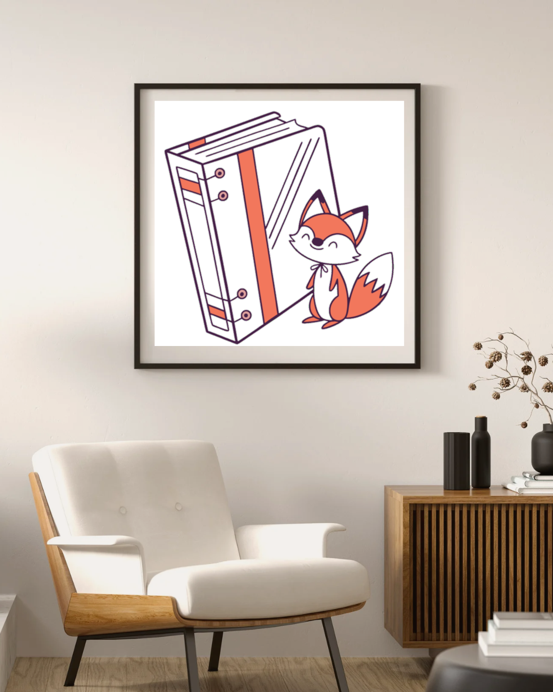 Cadre affichant un renard kawaii joyeux avec classeur dans un style d'école ludique