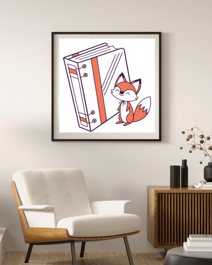 Cadre affichant un renard kawaii joyeux avec classeur dans un style d'école ludique