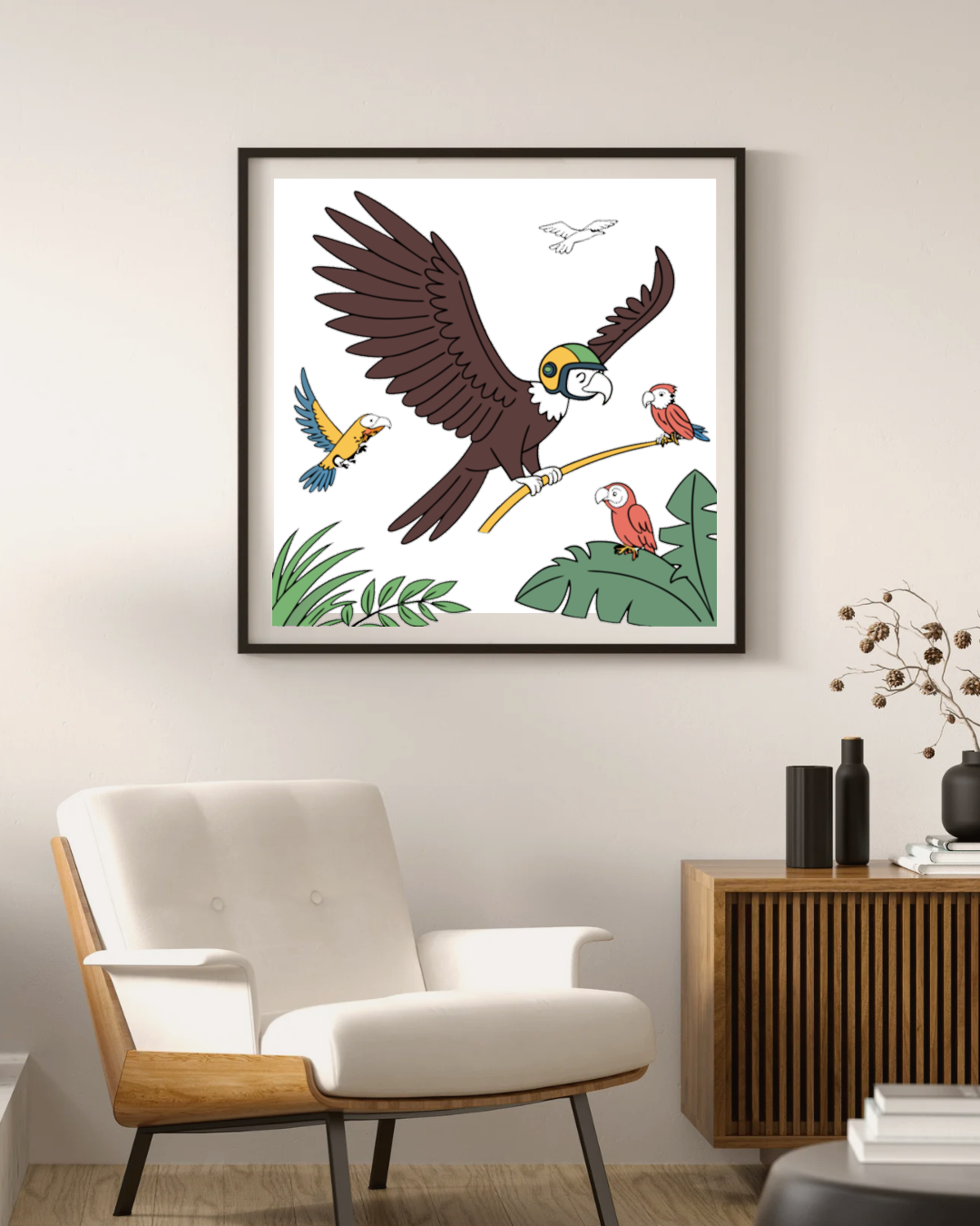 Cadre avec perroquet coloré en vol thème tropical, idéal pour une déco exotique