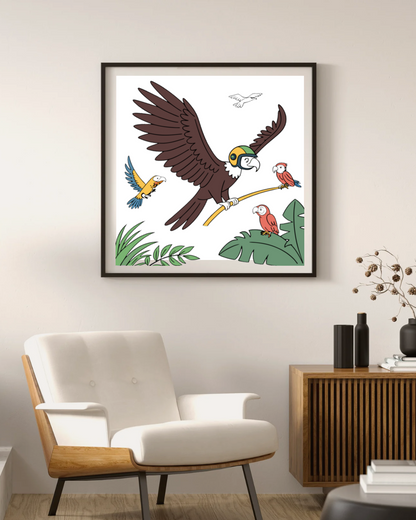 Cadre avec perroquet coloré en vol thème tropical, idéal pour une déco exotique