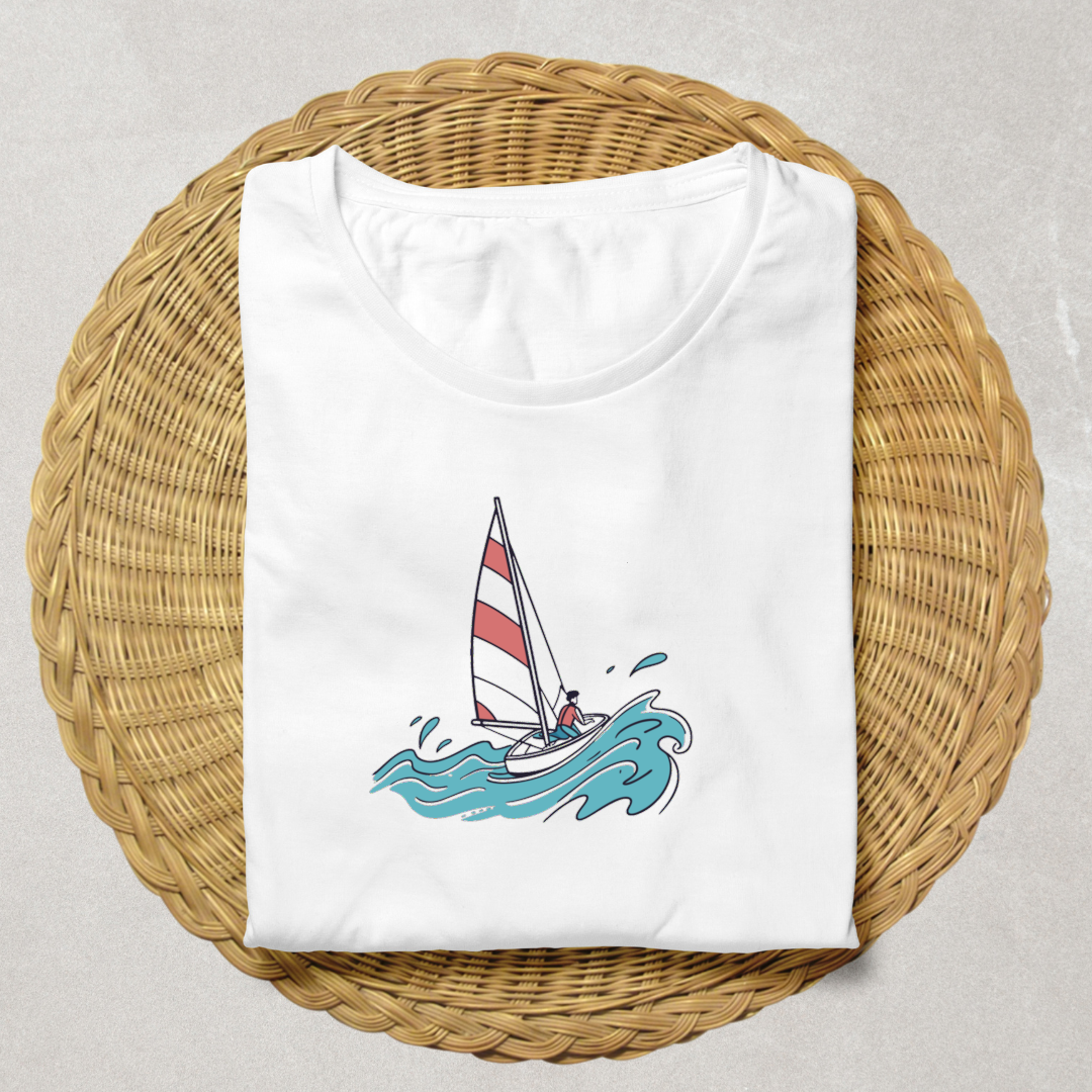 T-shirt blanc avec motif marin minimaliste style aventure vagues stylisées