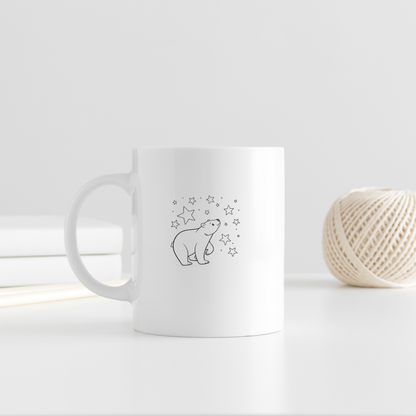Mug décoratif avec ours curieux sous un ciel étoilé au style kawaii