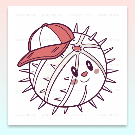 Illustration d'un poisson-globe souriant avec une casquette, usage décoratif et éducatif