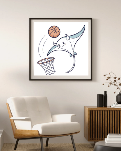 Cadre avec raie manta stylisée en plein basket dans une ambiance marine dynamique