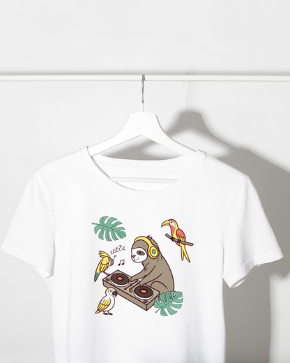T-shirt élégant avec motif paresseux DJ inspiré de la jungle et thème musical