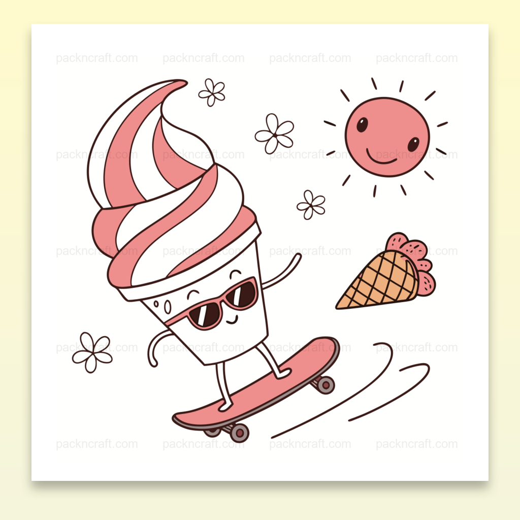 Illustration de glace souriante sur skateboard, style vectoriel pour DIY et papeterie.