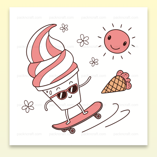 Illustration de glace souriante sur skateboard, style vectoriel pour DIY et papeterie.