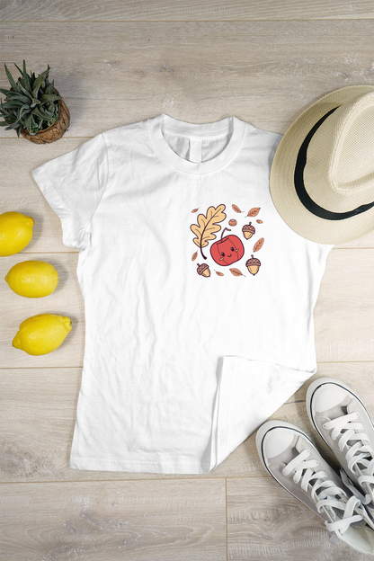 T-shirt orné d'une citrouille joyeuse et feuilles d'automne au style kawaii