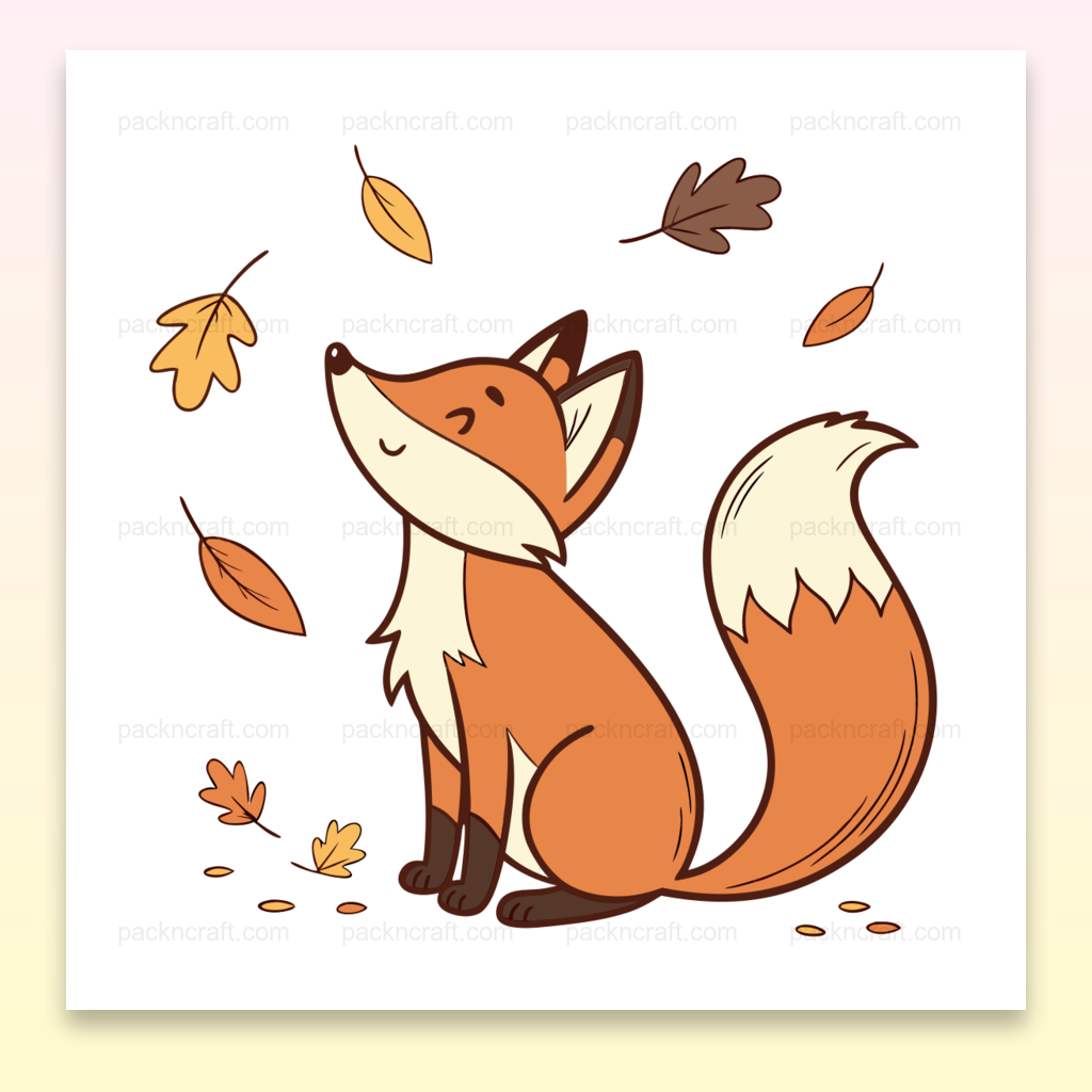 Illustration vectorielle d'un renard joyeux dans les feuilles d'automne, idéale pour projets DIY et déco.
