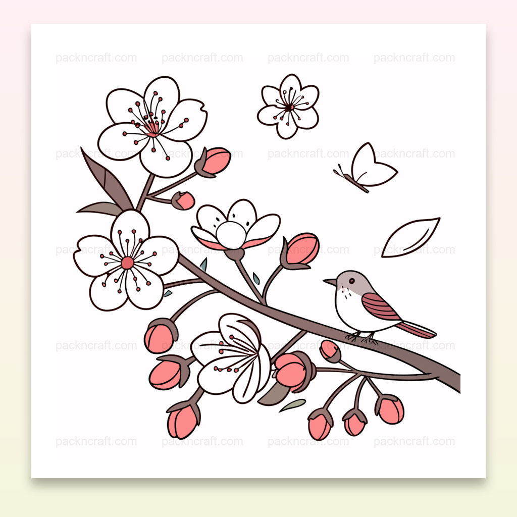 Moineau parmi fleurs de cerisier, illustration SVG pour projets DIY, papeterie, déco