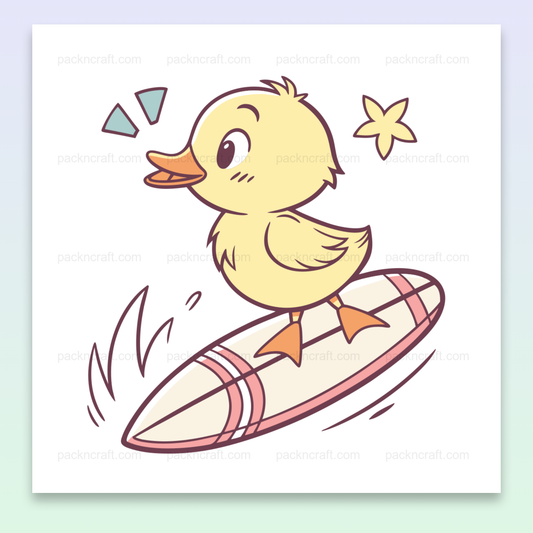 Visuel d'un caneton joyeux sur une planche de surf en style SVG pastel, idéal pour déco et papeterie.
