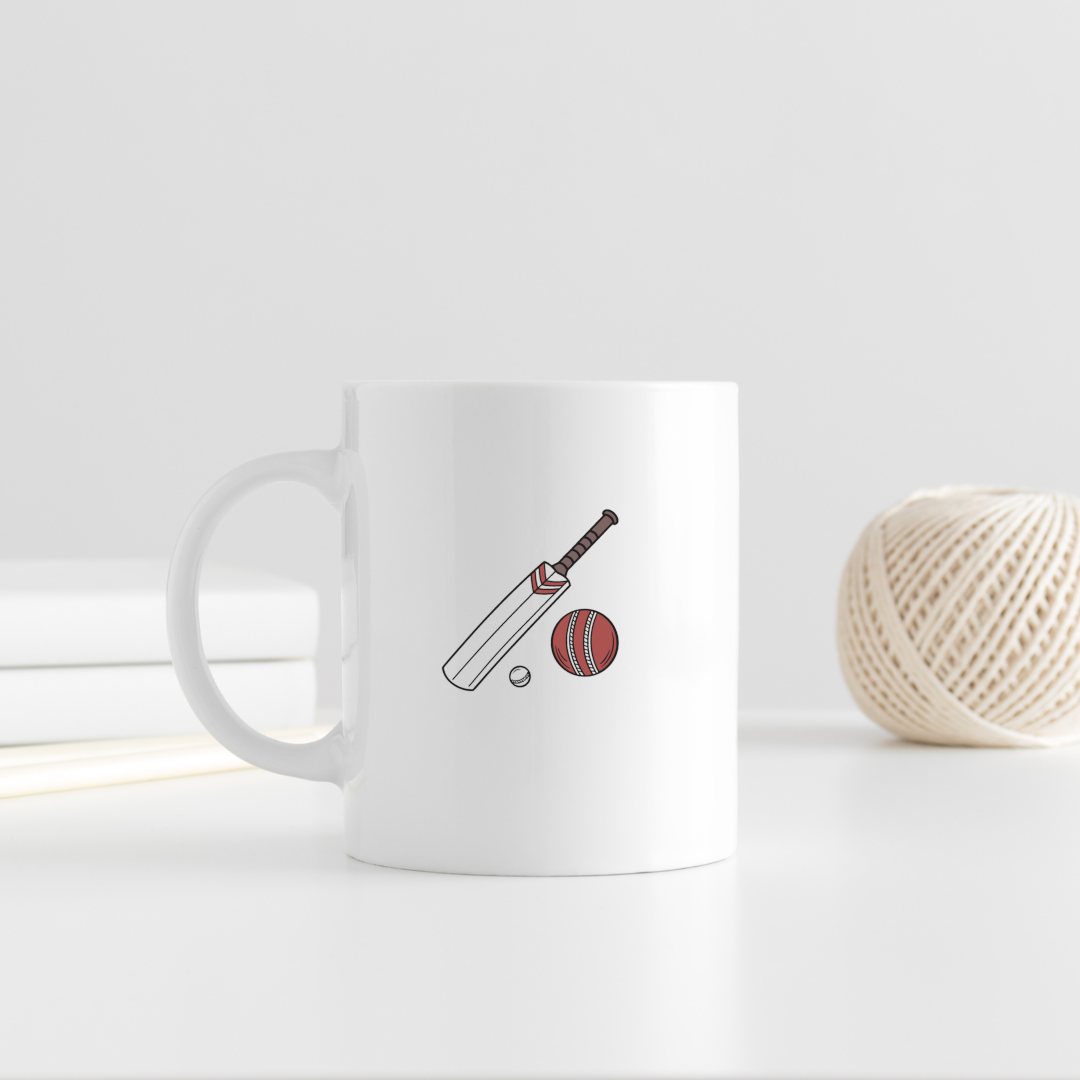 Mug avec icône sportive de batte de cricket en action sur fond uni