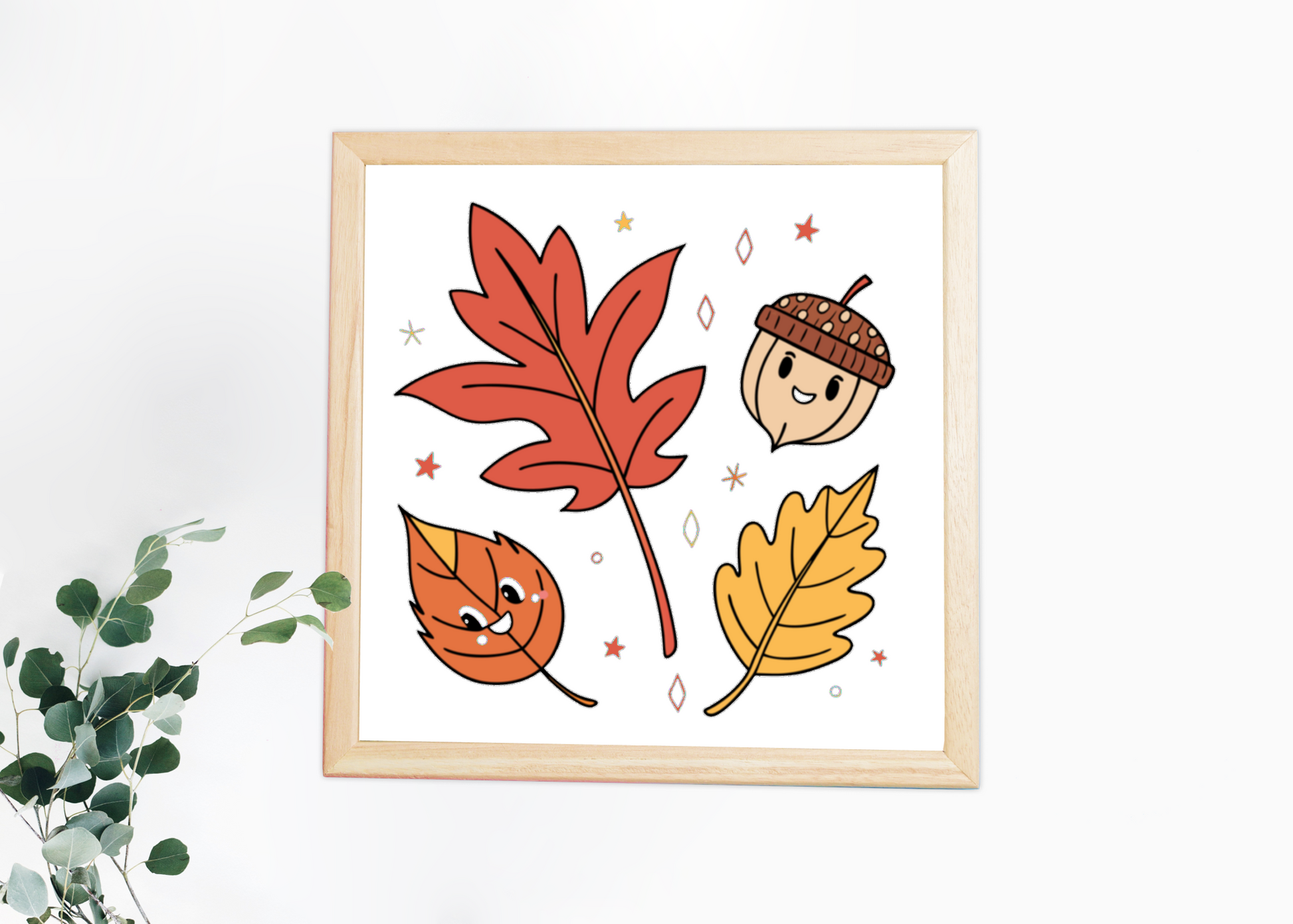 Cadre décoratif avec feuilles d'automne kawaii et gland curieux dans un style gai