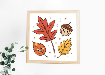 Cadre décoratif avec feuilles d'automne kawaii et gland curieux dans un style gai