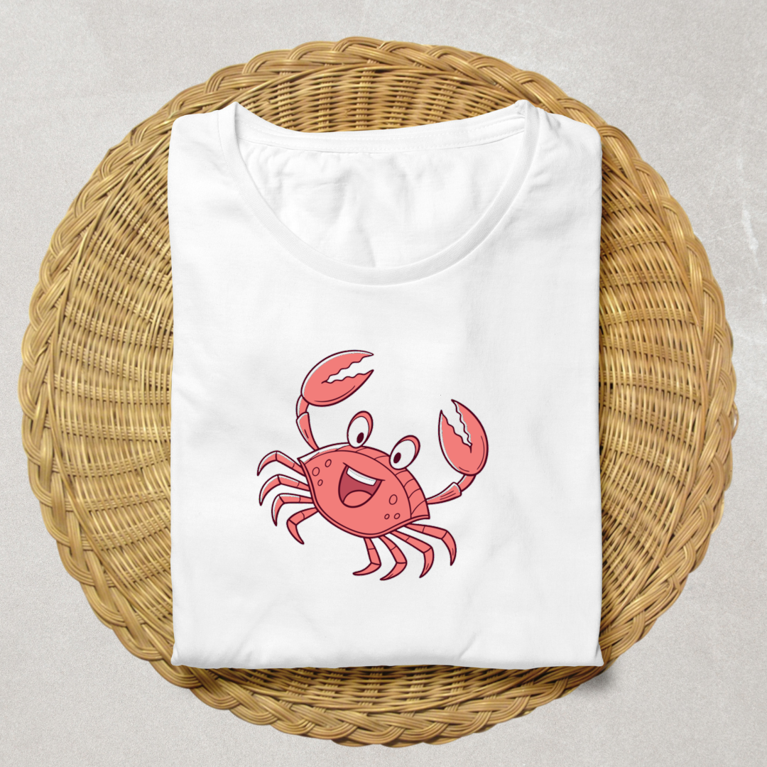 T-shirt avec un crabe joyeux dansant style cartoon marin sur fond blanc