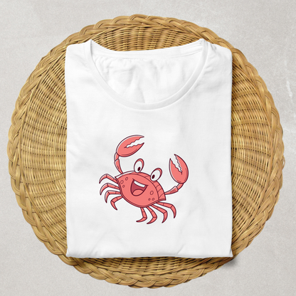 T-shirt avec un crabe joyeux dansant style cartoon marin sur fond blanc