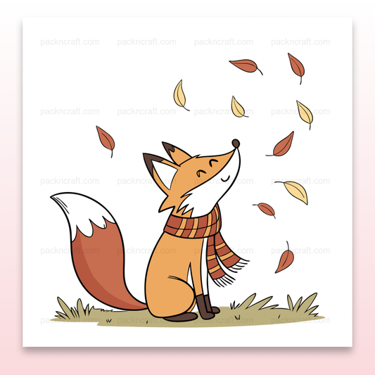 Illustration d'un renard avec écharpe sous des feuilles d'automne, style kawaii