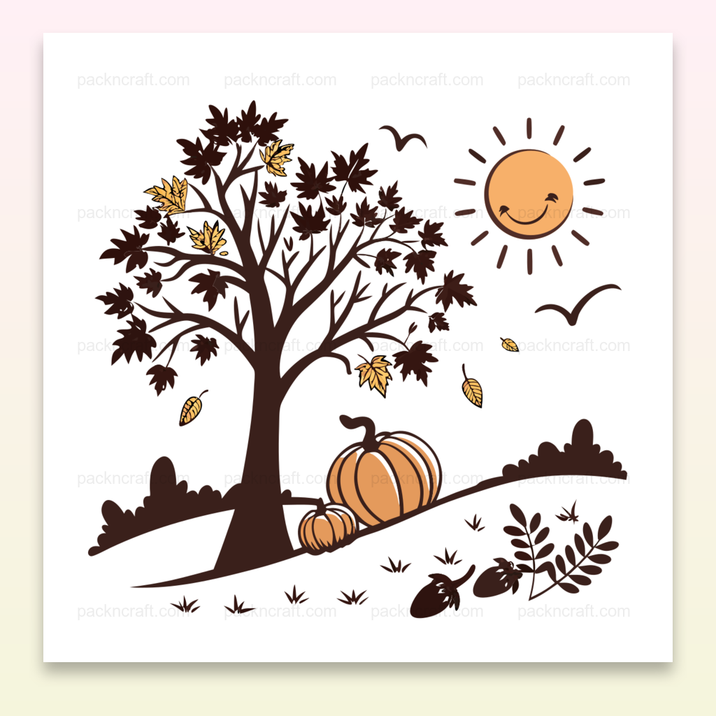 Illustration automnale avec arbre et citrouilles, idéal pour déco et papeterie DIY.