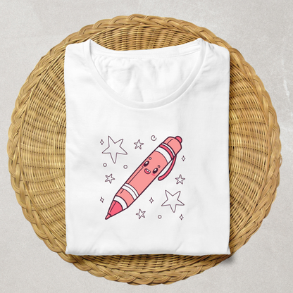 T-shirt avec graphisme kawaii featuring un stylo et des étoiles pour une touche ludique