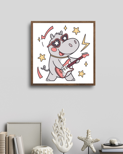 Cadre décoratif mettant en scène un hippo star du rock avec ambiance musicale ludique
