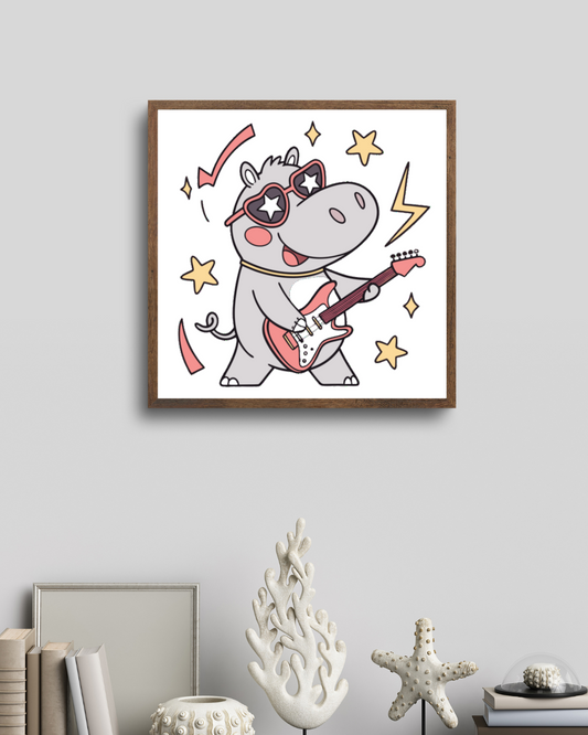 Cadre décoratif mettant en scène un hippo star du rock avec ambiance musicale ludique