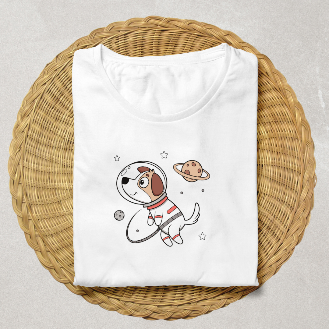 T-shirt ludique avec dessin amusant de chien astronaute flottant dans l'espace