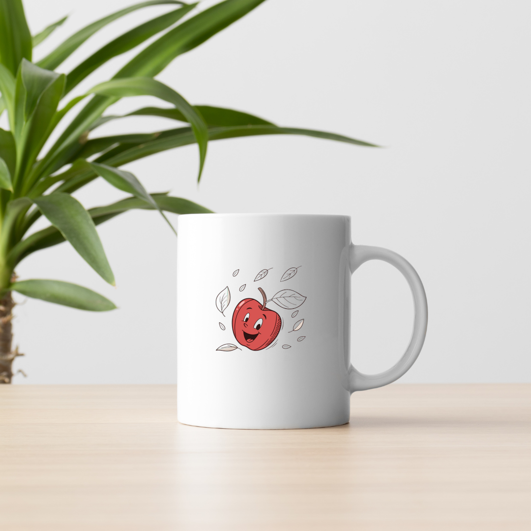 Mug en céramique orné d'une pomme joyeuse au style cartoon vibrant