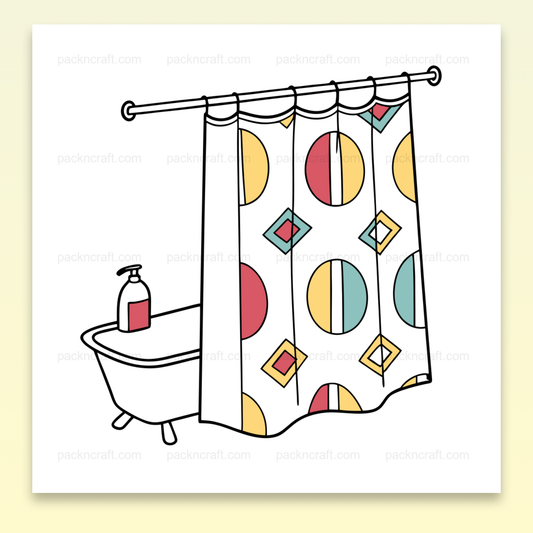 Illustration de baignoire rétro avec rideau géométrique, pour décoration et usage créatif