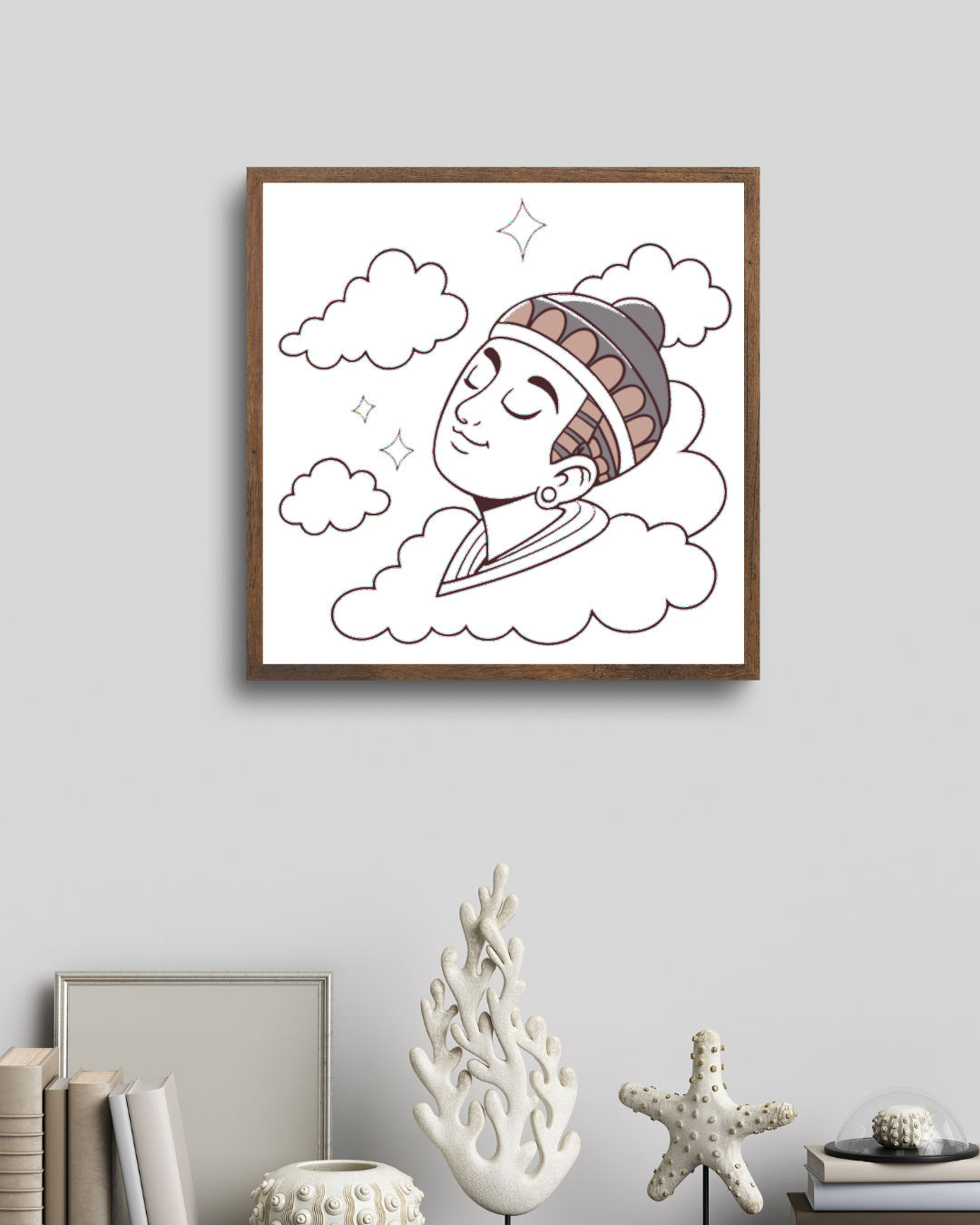 Cadre décoratif avec Bouddha méditant, nuages éthérés, ambiance zen et apaisante