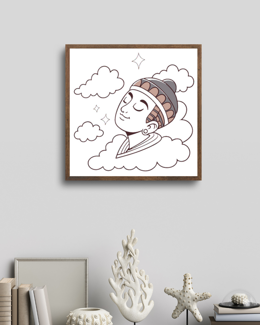 Cadre décoratif avec Bouddha méditant, nuages éthérés, ambiance zen et apaisante