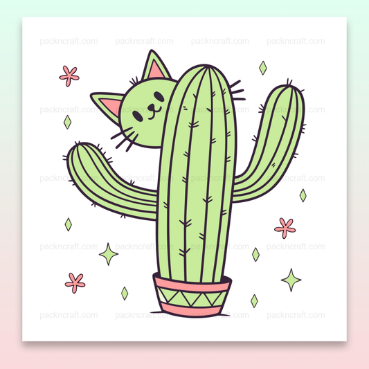 Chaton espiègle caché dans un cactus, style doodle, pour projets créatifs.
