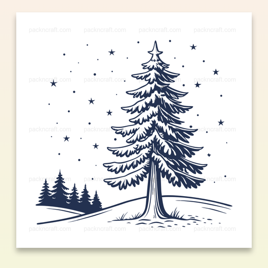 Illustration d'un sapin enneigé sous les étoiles pour usage hivernal décoratif et éducatif.