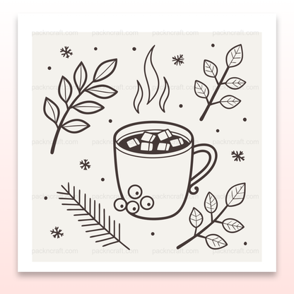 Illustration monochrome automne avec tasse de chocolat fumant et feuilles.