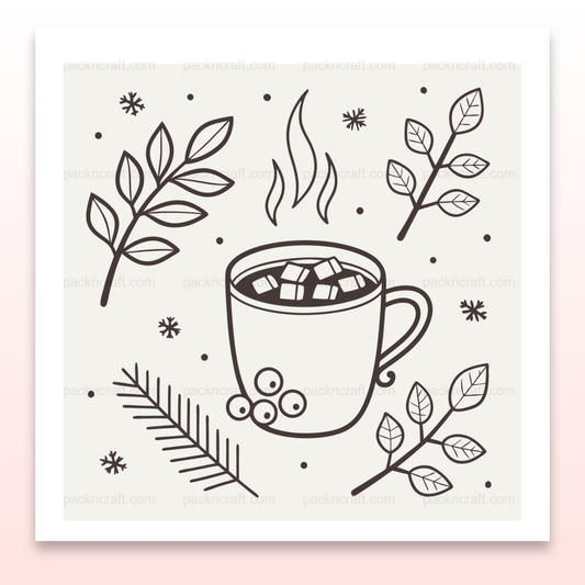 Illustration monochrome automne avec tasse de chocolat fumant et feuilles.