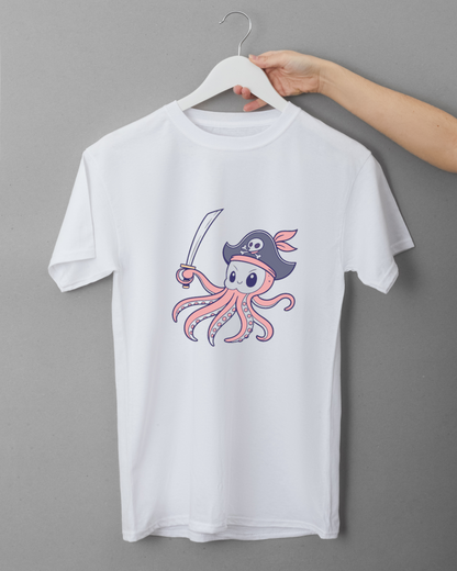 T-shirt aventure avec pieuvre pirate cartoon style marin coloré vibrant