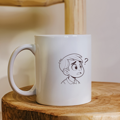 Mug avec dessin d'un garçon confus dans une scène éducative décorative