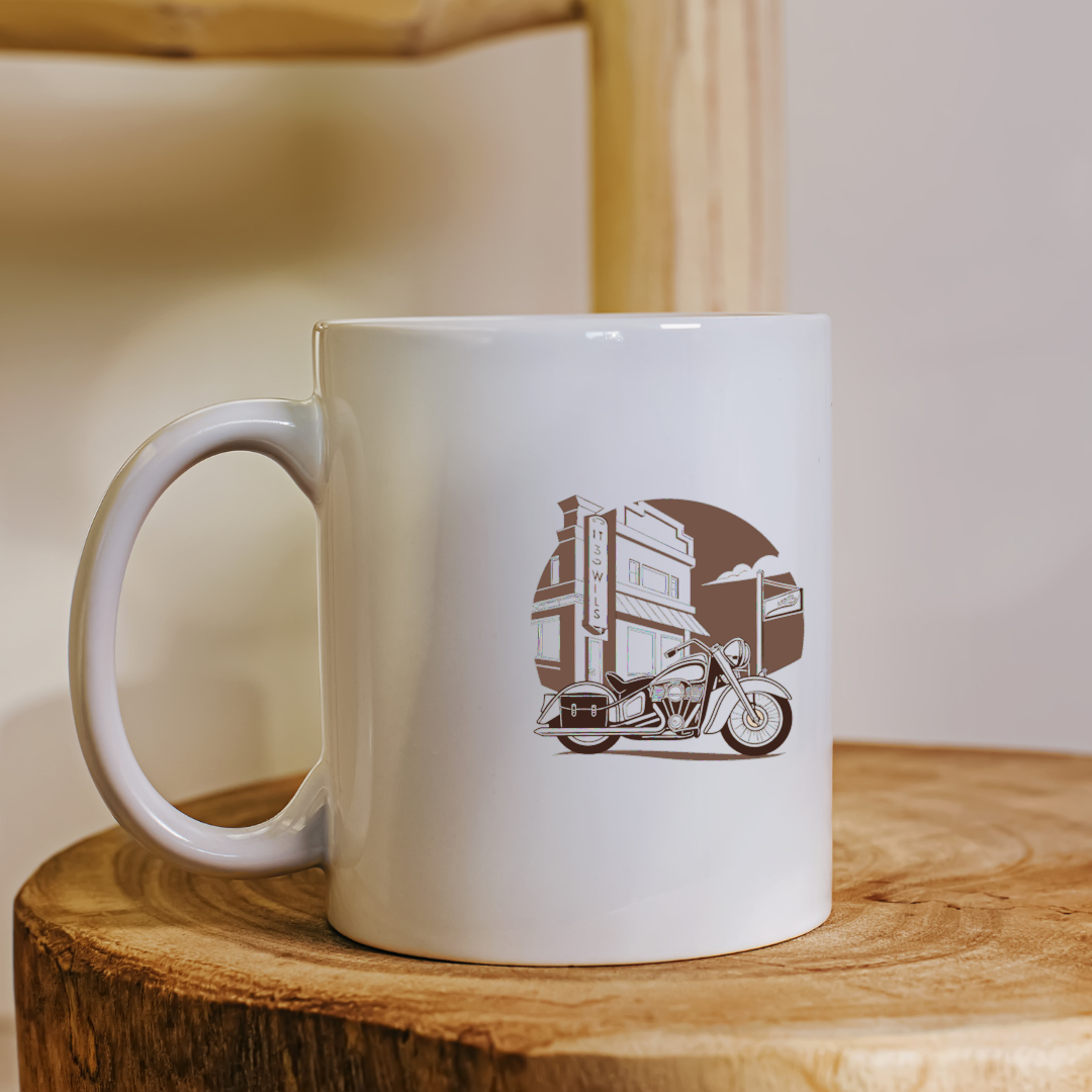 Impression d'une moto rétro sur mug, ambiance vintage
