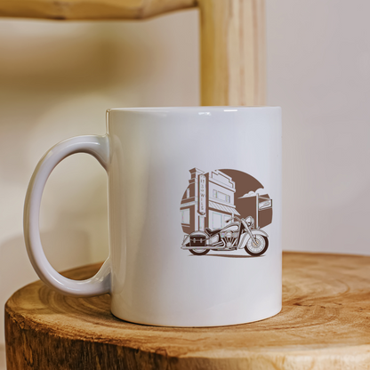 Impression d'une moto rétro sur mug, ambiance vintage