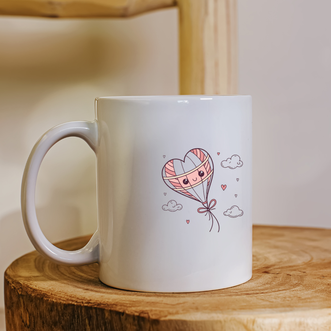 Tasse avec illustration de montgolfière kawaii cœur, parfaite pour cadeaux mignons