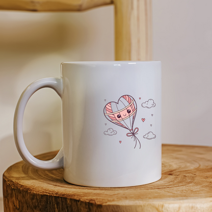 Tasse avec illustration de montgolfière kawaii cœur, parfaite pour cadeaux mignons